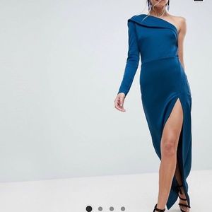 ASOS one shoulder teal colored gown.